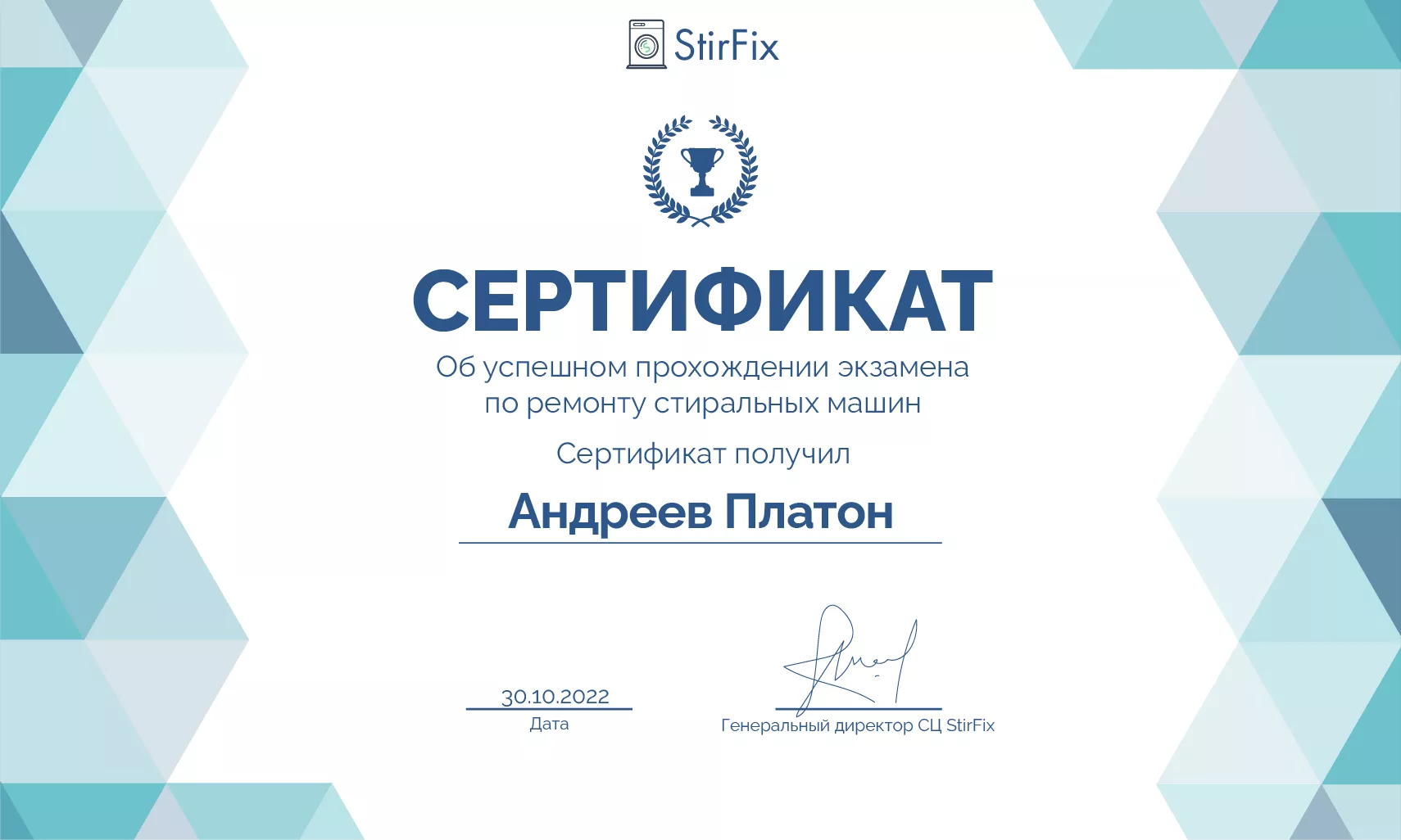 Андреев Платон сертификат мастера по ремонту стиральных машин