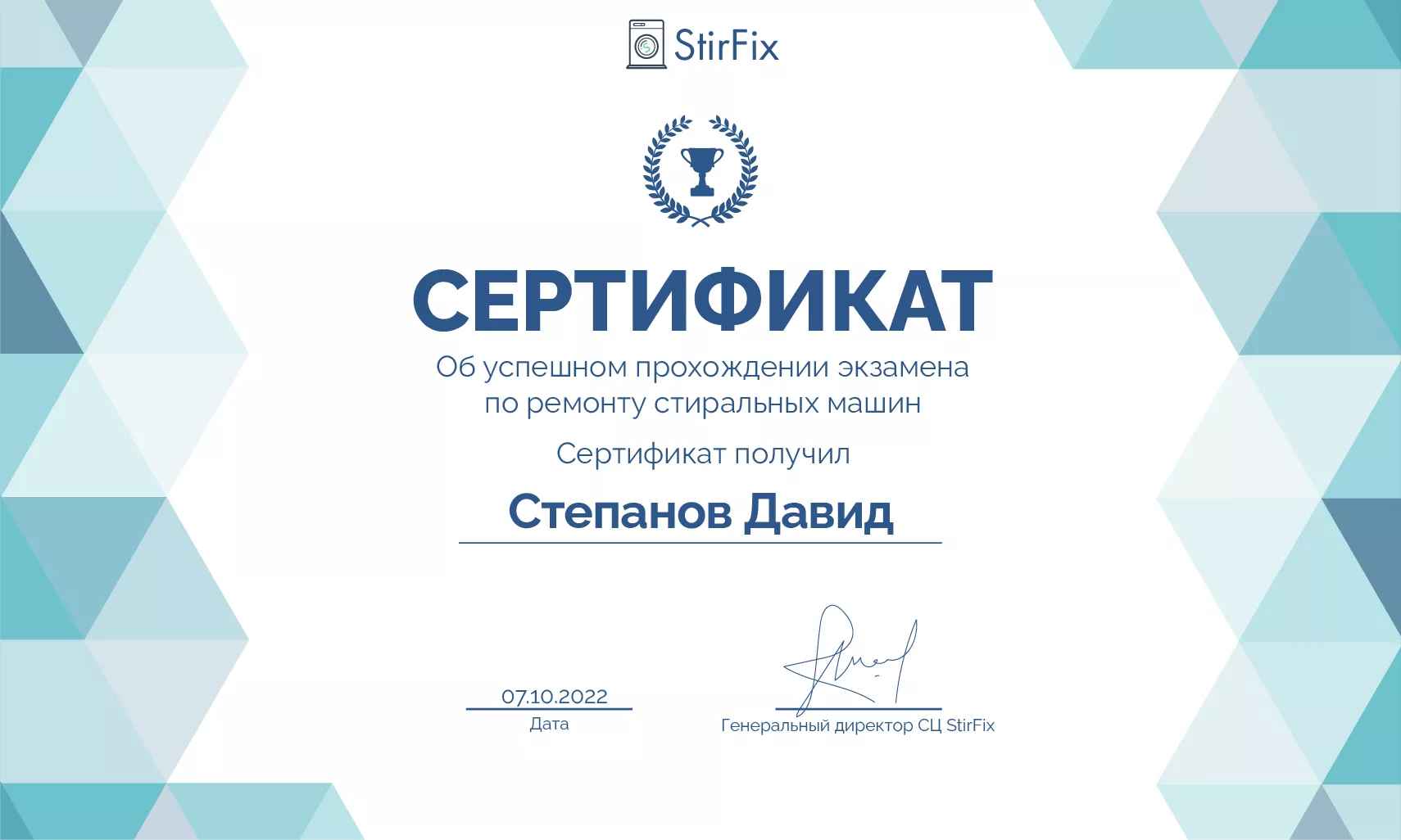 Степанов Давид сертификат мастера по ремонту стиральных машин